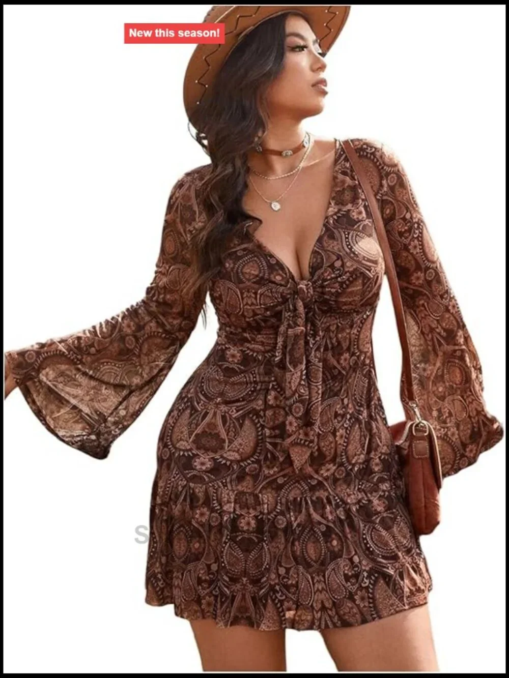 Plus Size Paisley Print Short Dress V-Neck Bell Sleeve Boho Western Country